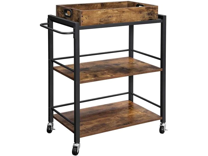 VASAGLE Bartrolley mit Tablett Metall / Holz, Schwarz