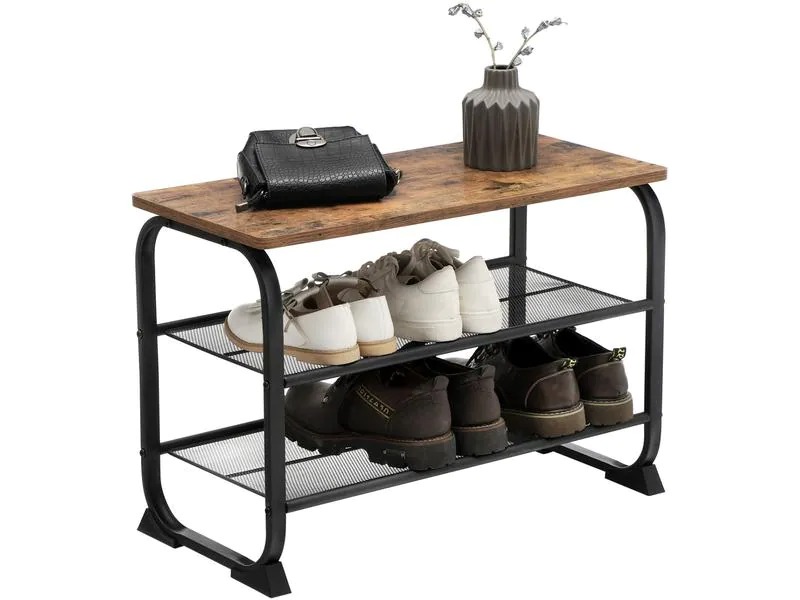 VASAGLE Schuhregal mit Holzbank aus Spanplatte/Stahl, Braun/Schwarz