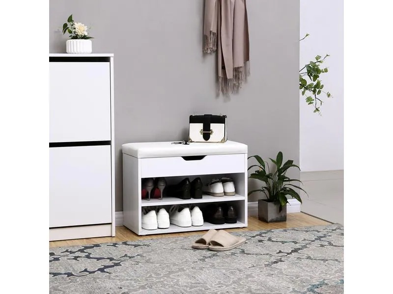 VASAGLE Schuhregal mit Polsterbank aus Spanplatte, Weiss matt