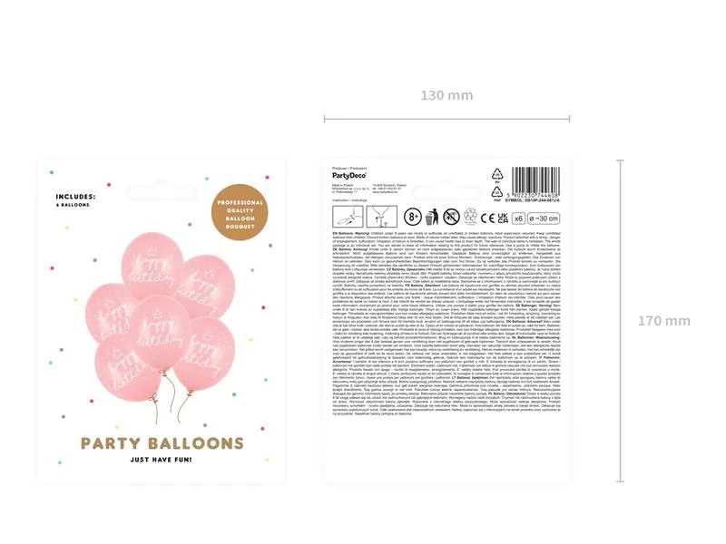 Partydeco Luftballon Happy Birthday Pastellpink Ø 30 cm, 6 Stück