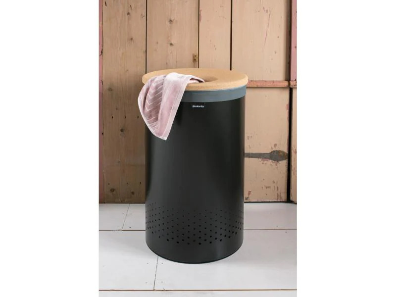 Brabantia Wäschesammler mit Korkdeckel, 60 Liter, Schwarz