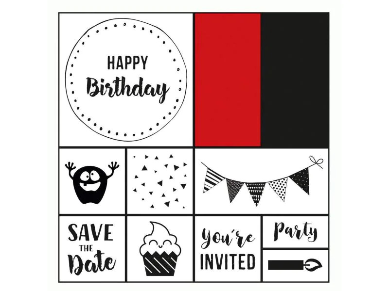 Folia Motivstempel-Set Happy Birthday Geburtstag, Rot/Schwarz