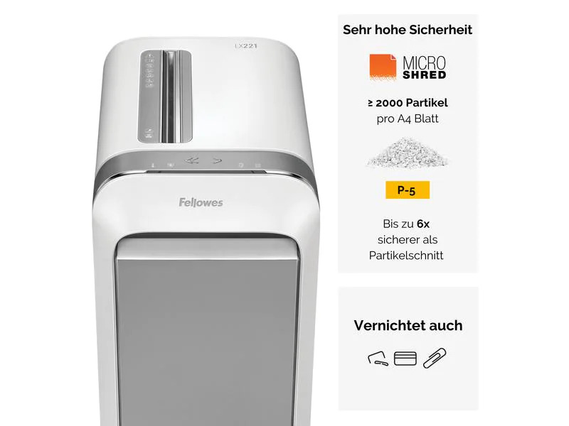 Fellowes Aktenvernichter LX221 P-5, 20 Seiten, Weiss