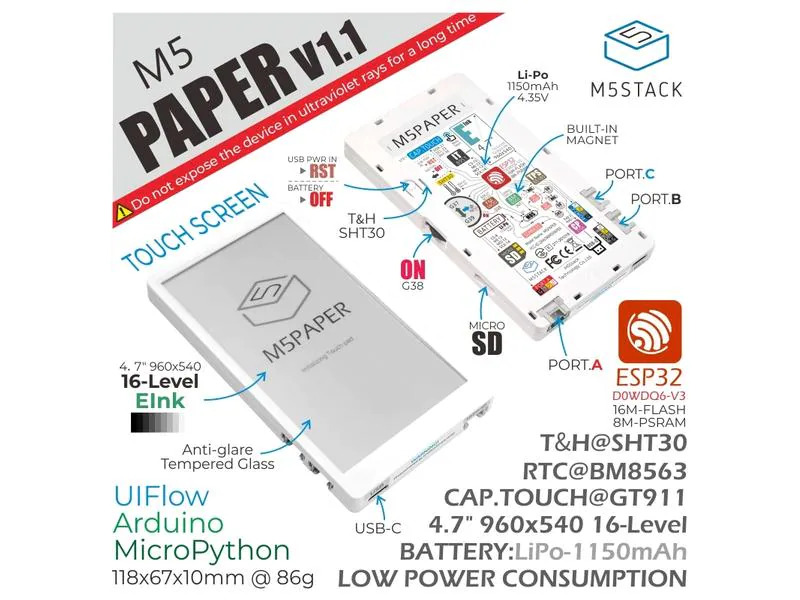 M5Stack Entwicklerboard M5Paper ESP32 4.7 eInk Display