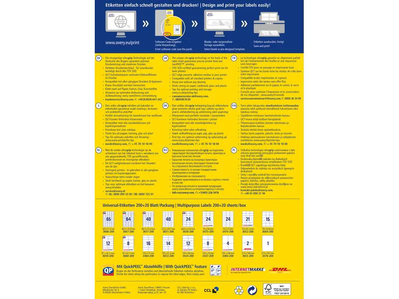 Avery Zweckform Universal-Etiketten 3478-200  210 x 297 mm