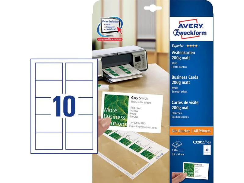 Avery Zweckform Visitenkarten-Etiketten Laser 85 x 54 mm 200 g/m²  250 Stück