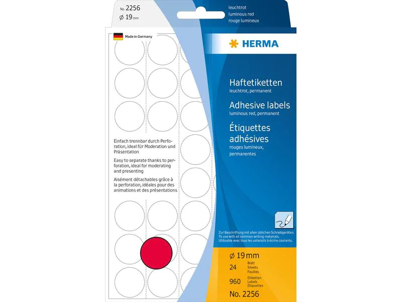 HERMA Vielzweck-Etiketten A4, 2256 Leuchtrot Ø 19 mm, 32 Blatt