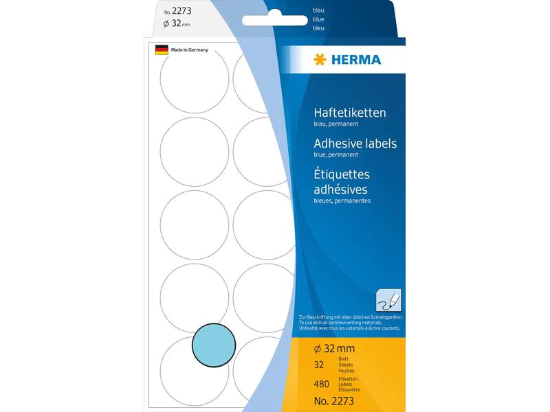 HERMA Vielzweck-Etiketten A4, 2273 Blau Ø 32 mm, 32 Blatt