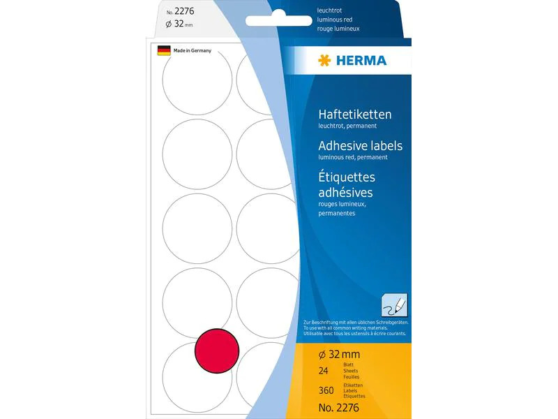 HERMA Vielzweck-Etiketten A4, 2276 Leuchtrot Ø 32 mm, 32 Blatt