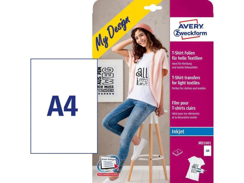 Avery Zweckform Aufbügelfolie Avery Inkjet, für weisse/helle Textilien