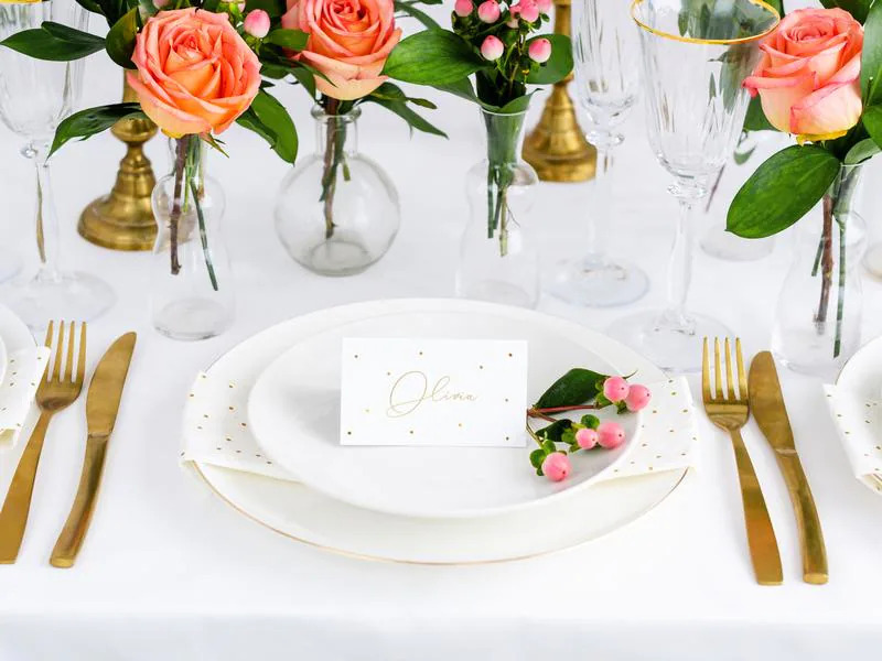 Partydeco Tischkarte Punkte 9.5 x 5.5 cm, 10 Stück, Weiss/Gold