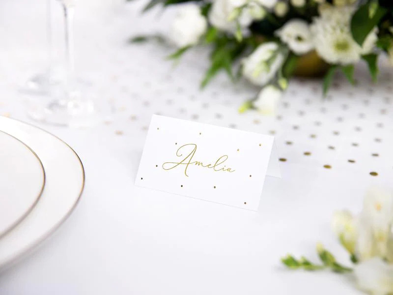 Partydeco Tischkarte Punkte 9.5 x 5.5 cm, 10 Stück, Weiss/Gold