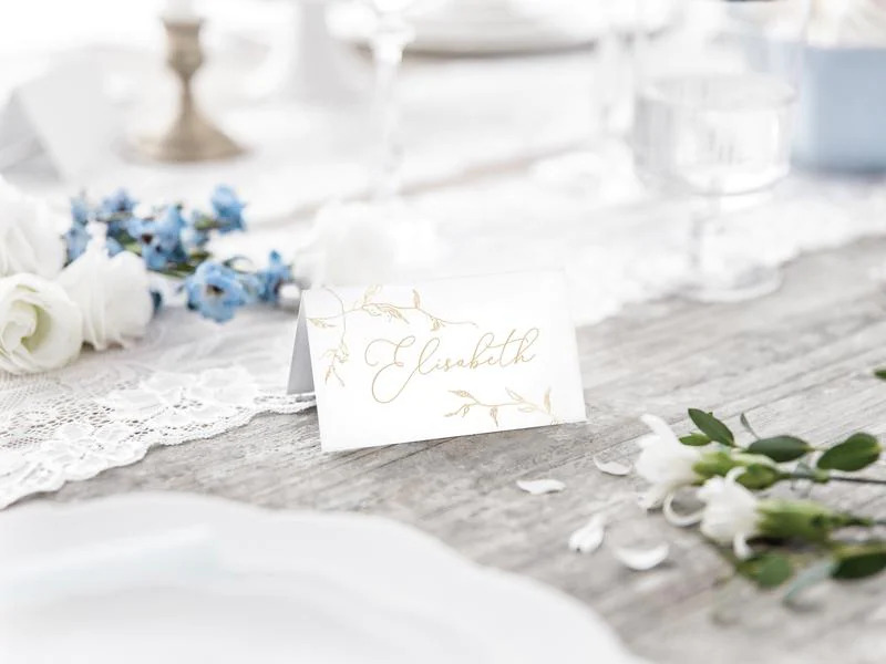 Partydeco Tischkarte Zweige 9.5 x 5.5 cm, 10 Stück, Weiss/Gold