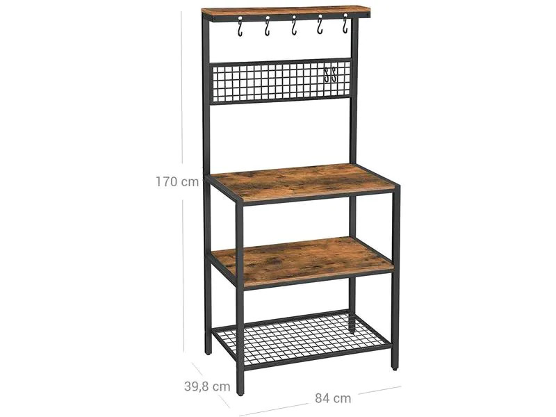 VASAGLE Küchenregal mit 10 Haken 84 x 170 cm, Braun/Schwarz