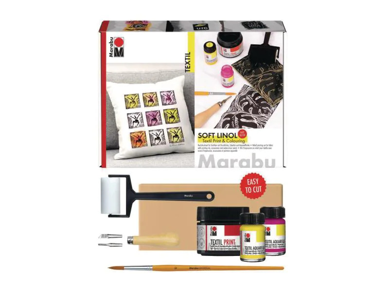 Marabu Textilfarbe Soft Linol Print &amp; Colouring Set Hochdruck