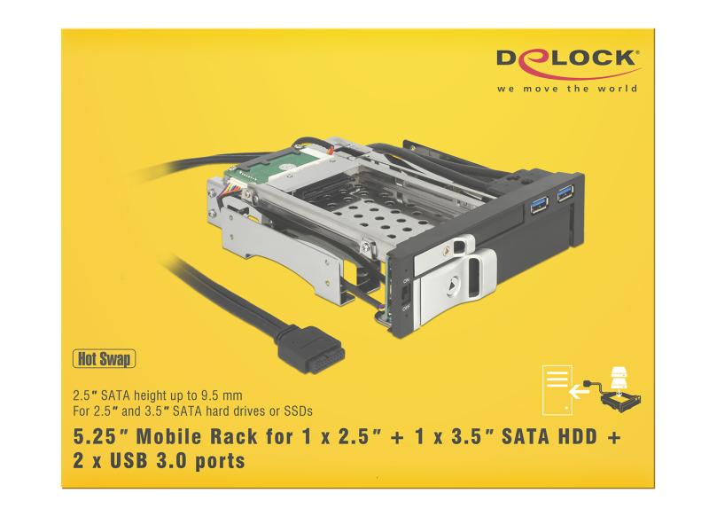 Delock 5.25-Einbaurahmen 1x3.5, 1x2.5, 2xUSB3 Ports , Hot-Swap