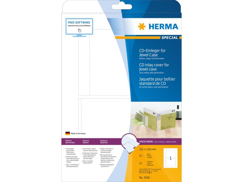 HERMA CD-Einleger 5033 Weiss, 25 Etiketten