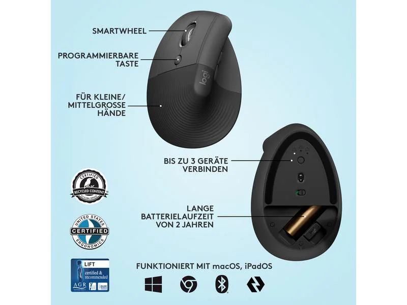 Logitech Ergonomische Maus Lift for Business Left Graphite