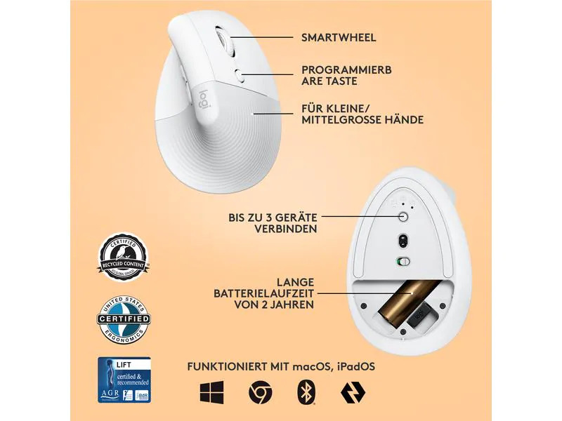 Logitech Ergonomische Maus Lift for Business Off-white