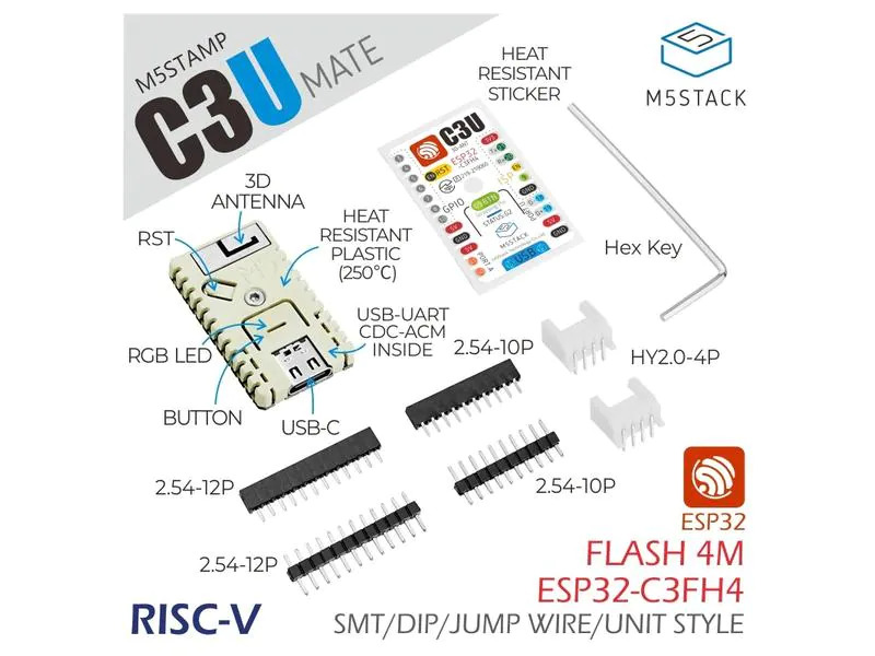 M5Stack Entwicklerboard M5stamp C3U Mate mit Pin Headers