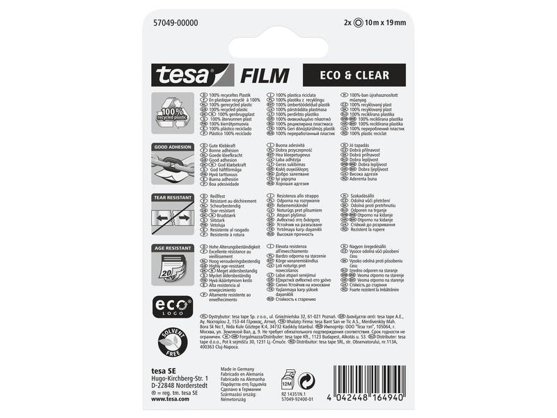 tesa Klebeband Eco&amp;Clear 19 mm x 10 m, Transparent, 2 Rollen
