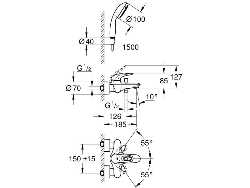 GROHE Badewannenarmatur Eurostyle, offener Griff, mit Brause