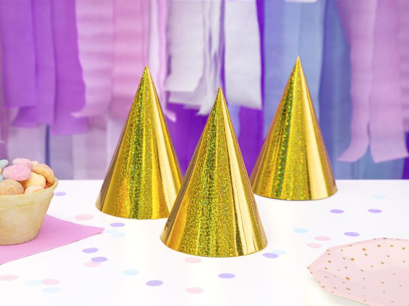 Partydeco Partyhüte holografisch Gold, 16 x 10 cm, 6 Stück
