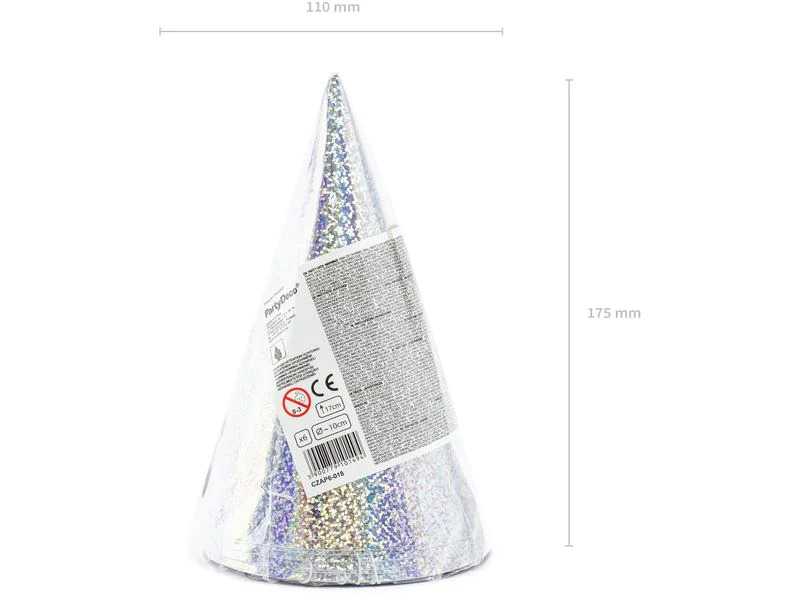 Partydeco Partyhüte holografisch Silber, 16 x 10 cm, 6 Stück