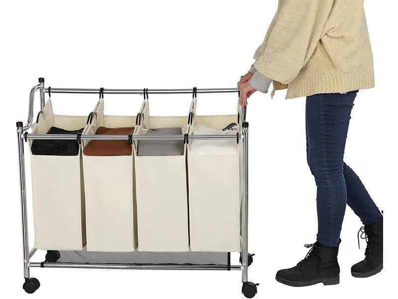 Songmics Wäschesammler mit 4 Fächern 120 l, Beige/Silber