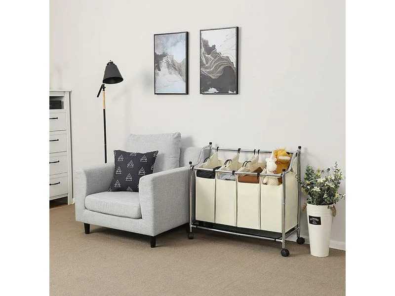 Songmics Wäschesammler mit 4 Fächern 120 l, Beige/Silber