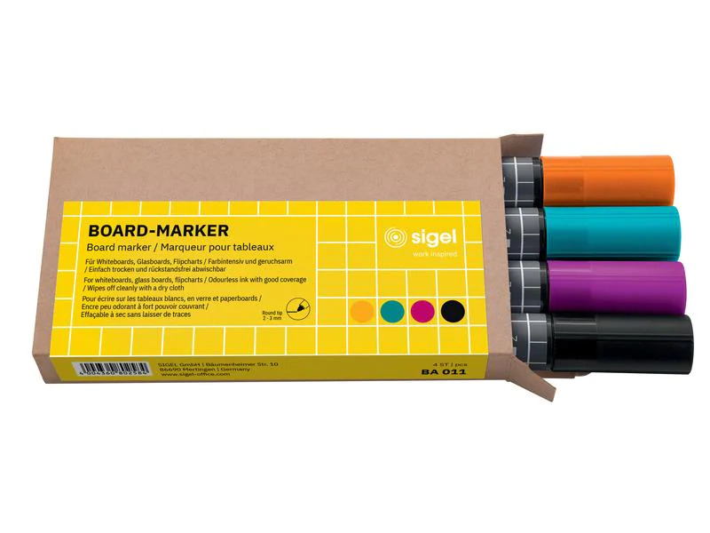 Sigel Non-permanent Marker 4 Stück, Schwarz/Türkis/Magenta/Orange