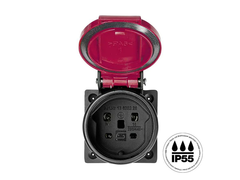 STEFFEN Einbausteckdose T15 IP55 mit Verschlussdeckel, Rot