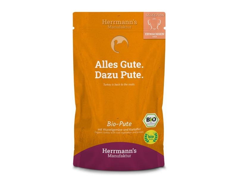 Herrmann's Nassfutter Bio Pute, Wurzelgemüse/Kartoffeln/Fenchel,15x150g