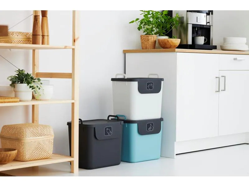 Rotho Recyclingbehälter Jive 30 l, Hellblau/Schwarz/Weiss