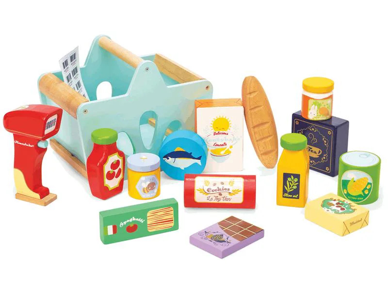 LE TOY VAN Spiel-Lebensmittel Gefüllter Einkaufskorb &amp; Scanner