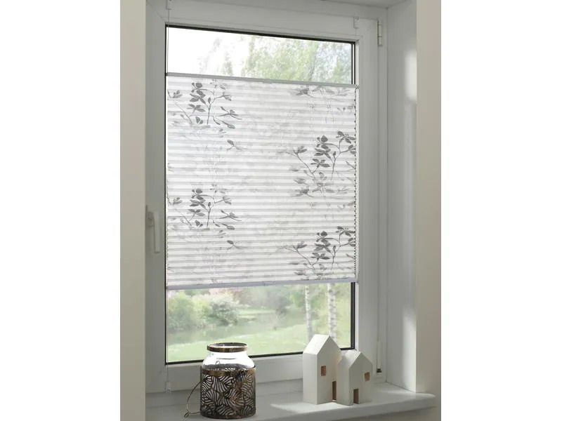 Gardinia Plissée Bella mit Blättern 40 x 130 cm, Weiss/Grau