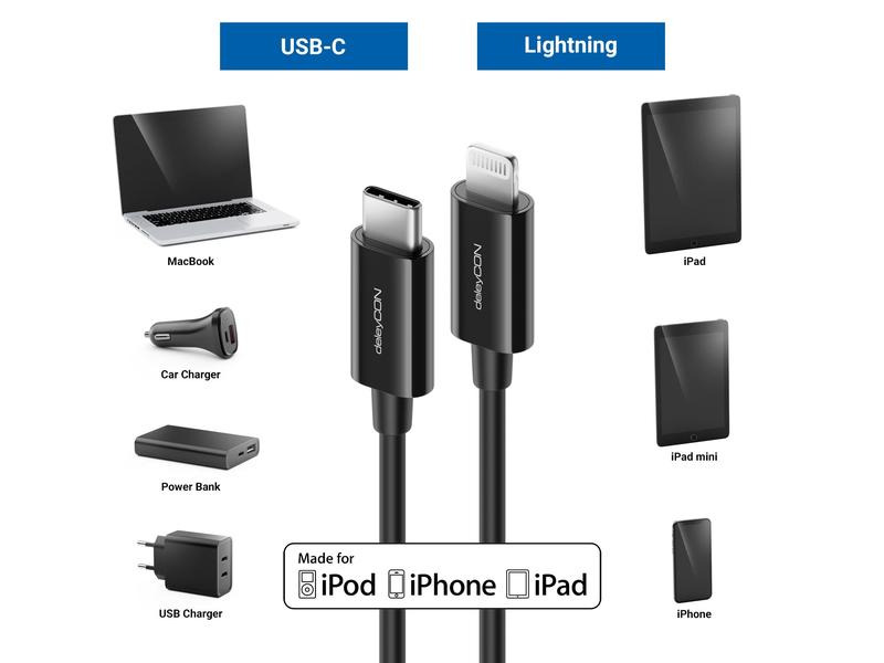 deleyCON USB 2.0-Kabel USB C - Lightning 0.15 m