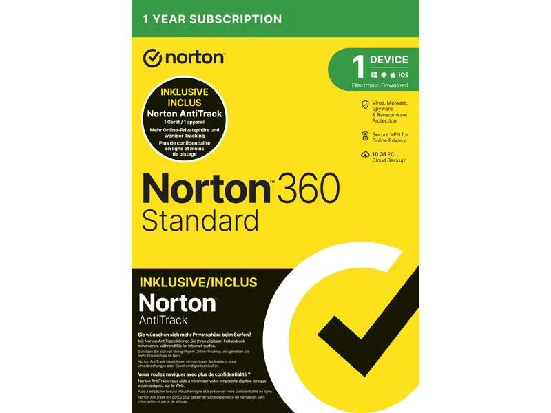 Norton 360 Standard + AntiTrack Bundle Box, 1 Dev., 1yr, 10GB Cloud