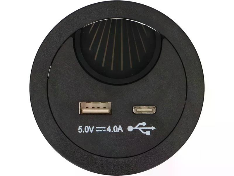 Max Hauri USB-Ladesteckdose USB A+C mit Kabeldurchführung, Schwarz