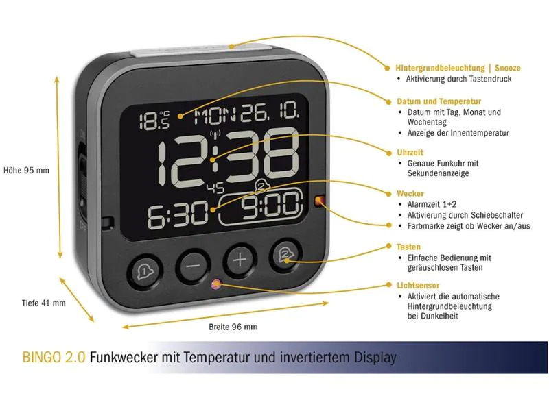 TFA Dostmann Funk-Wecker Bingo Schwarz
