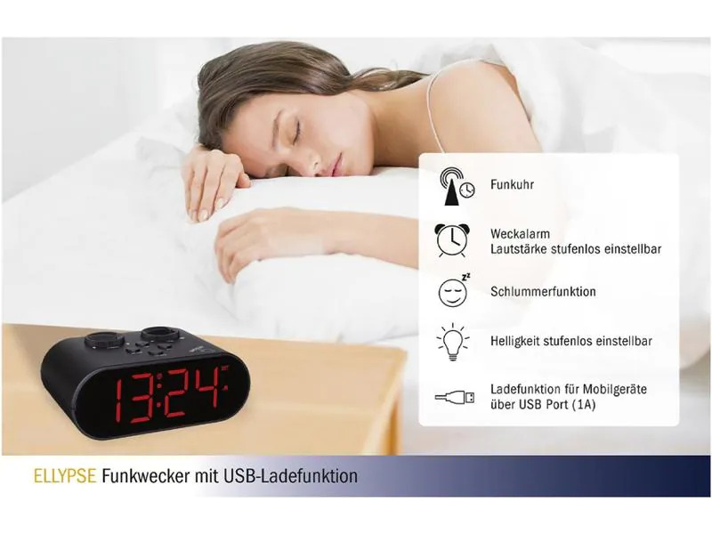 TFA Dostmann Funk-Wecker Ellypse Schwarz