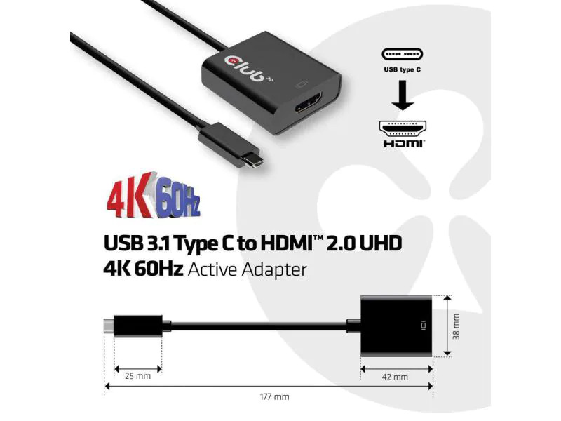 Club 3D Adapter USB 3.1 Type-C - HDMI 2.0 UHD 4K60Hz, Aktiv