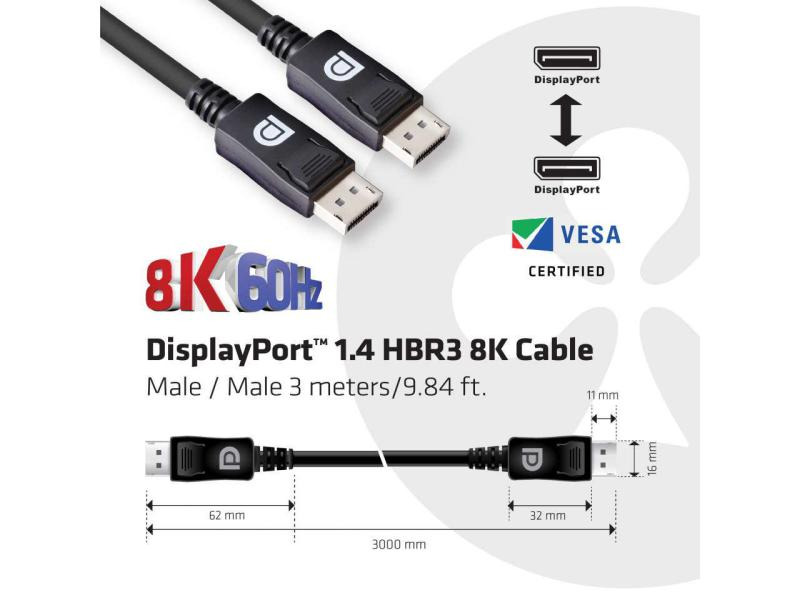 Club 3D Kabel DisplayPort 1.4 - DisplayPort 1.4 HBR3 8K, 3 m