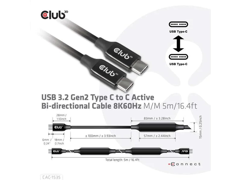 Club 3D Kabel USB Type-C - USB Type-C, 5 m, 8K60Hz