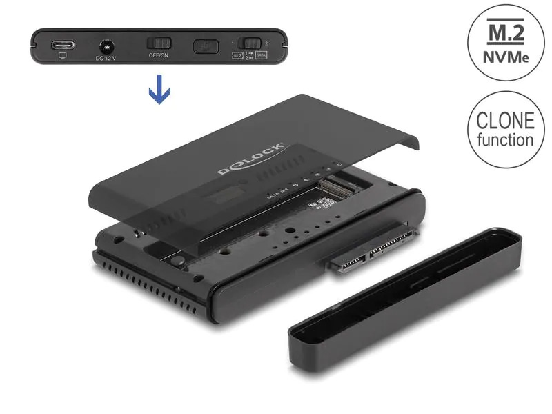 Delock Konverter USB-C für 1x M.2 NVMe SSD +1x SATA SSD/HDD
