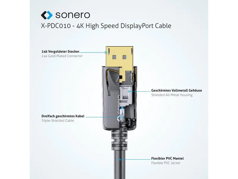 sonero Kabel 4K Displayport 1.2 Stecker &lt;-&gt; Stecker, 4K/60Hz, 1 m