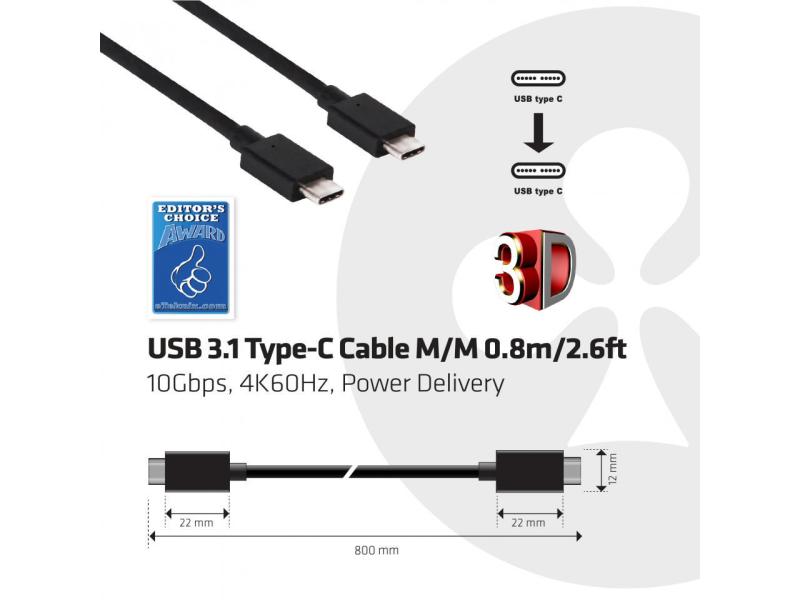 Club 3D USB 3.1-Kabel USB C - USB C 0.8 m, 10Gbps 4K60Hz PD 100W