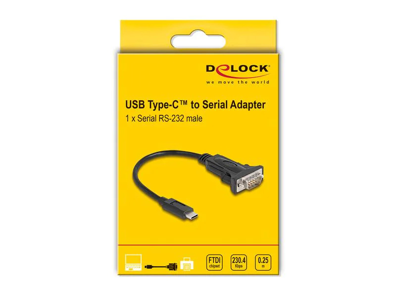 Delock Serial-Adapter USB-C – RS-232 D-Sub 9 Pin mit Schraube 0.25m