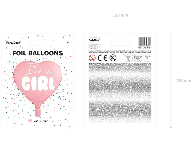 Partydeco Folienballon Its a girl Rosa/Weiss, Herzförmig