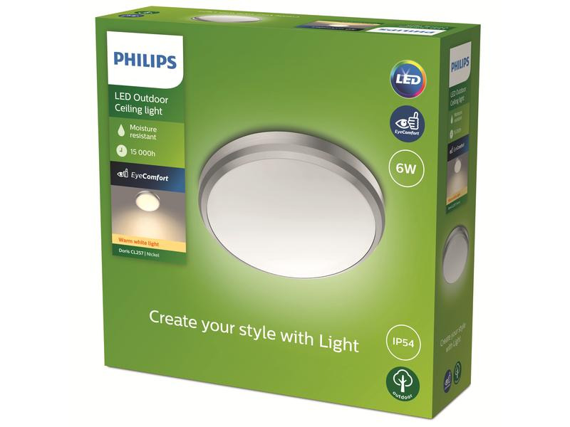 Philips Deckenleuchte Doris, Ø 22 cm, 6W, 2700K, Nickel
